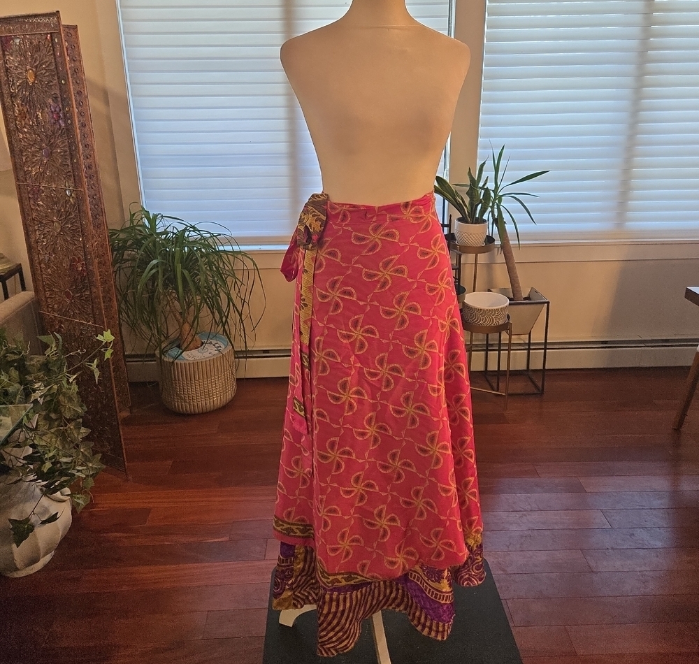 VTG 70s Boho Fairycore Silk Blend Colorful Wrap Maxi Skirt Womens One Size India